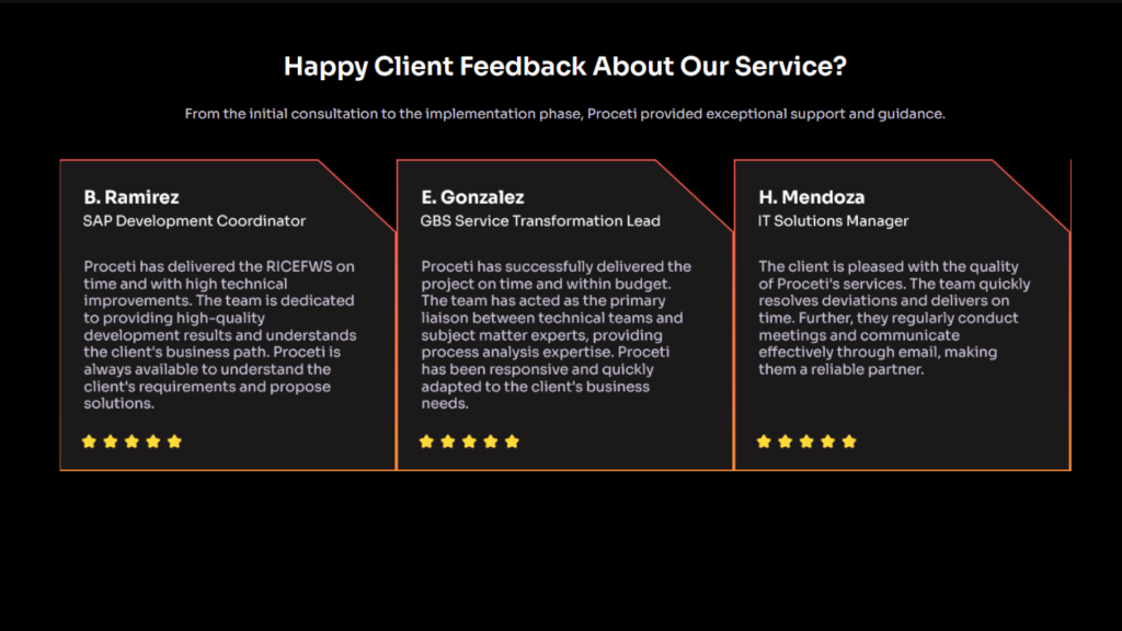 Client testimonials highlighting Proceti's performance, responsiveness, and technical quality across IT projects.